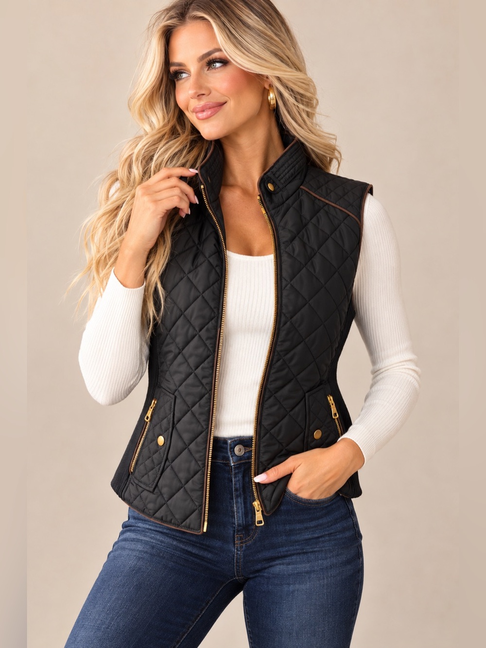 Love Tree Women’s Medium Black Quilted Puffer Vest Gold Zip Brown Trim